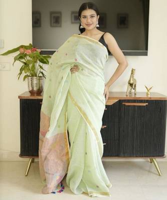 green paithani linen saree with hand embroidery 2