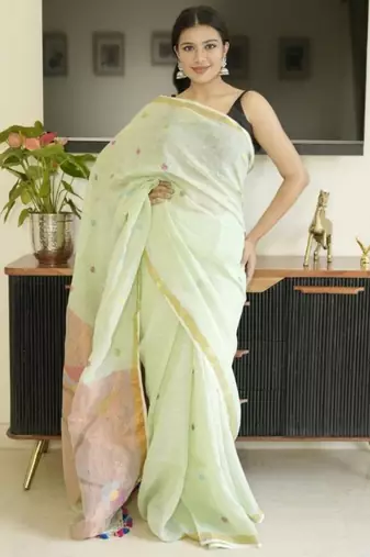 green paithani linen saree with hand embroidery