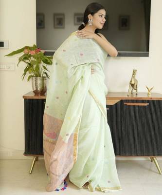 green paithani linen saree with hand embroidery 3