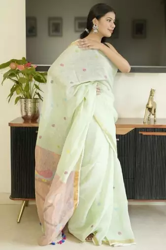 green paithani linen saree with hand embroidery