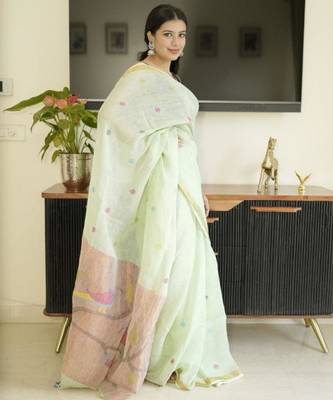 green paithani linen saree with hand embroidery 4