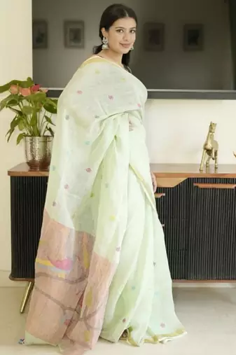 green paithani linen saree with hand embroidery