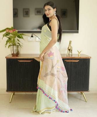 green paithani linen saree with hand embroidery 5