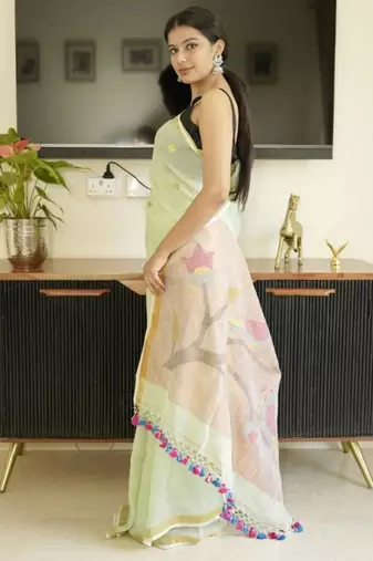 green paithani linen saree with hand embroidery