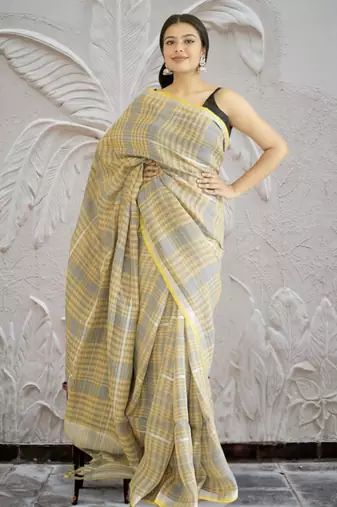 yellow-grey checked linen saree