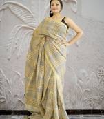 yellow-grey checked linen saree