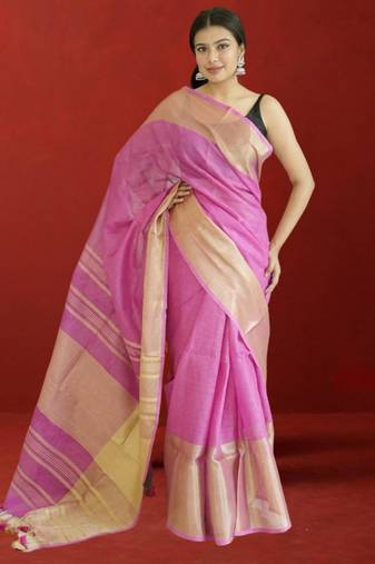 pink tissue linen saree with zari border