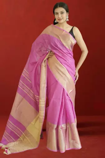 pink tissue linen saree with zari border