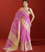 pink tissue linen saree with zari border