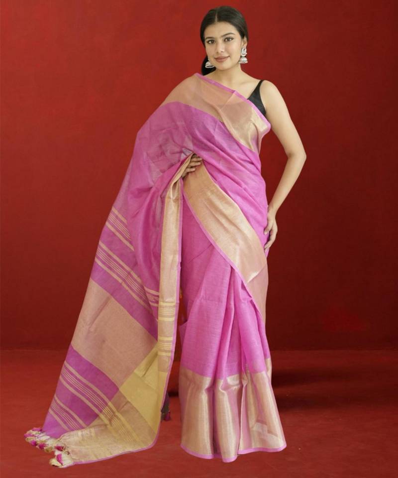 pink tissue linen saree with zari border