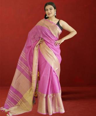 pink tissue linen saree with zari border 2