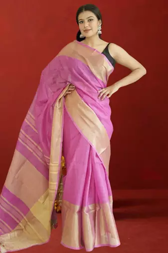 pink tissue linen saree with zari border