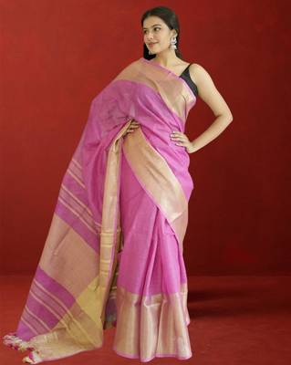 pink tissue linen saree with zari border 3