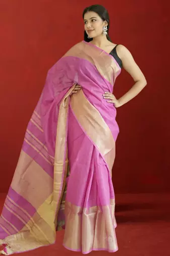 pink tissue linen saree with zari border