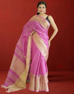 pink tissue linen saree with zari border 4