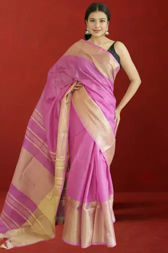 pink tissue linen saree with zari border