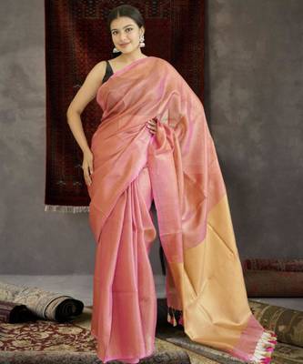 orange tissue linen saree with golden zari pallu 1