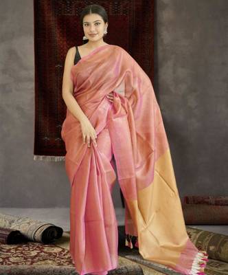 orange tissue linen saree with golden zari pallu 2