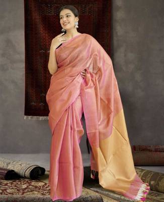 orange tissue linen saree with golden zari pallu 3