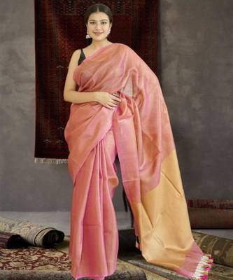 orange tissue linen saree with golden zari pallu 4
