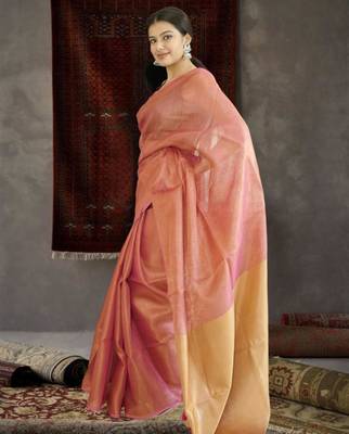orange tissue linen saree with golden zari pallu 5
