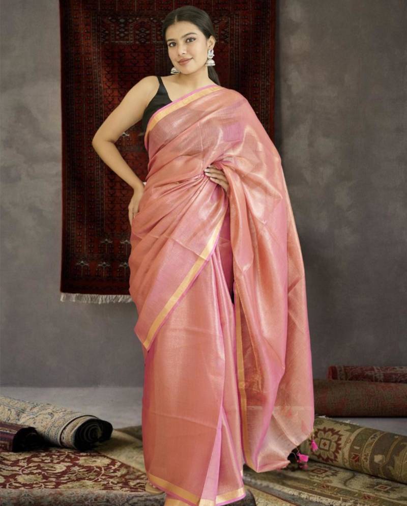 orange tissue linen saree with zari border