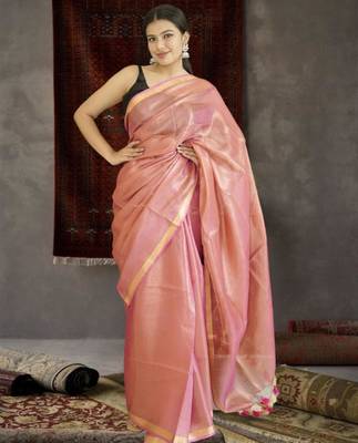 orange tissue linen saree with zari border 2