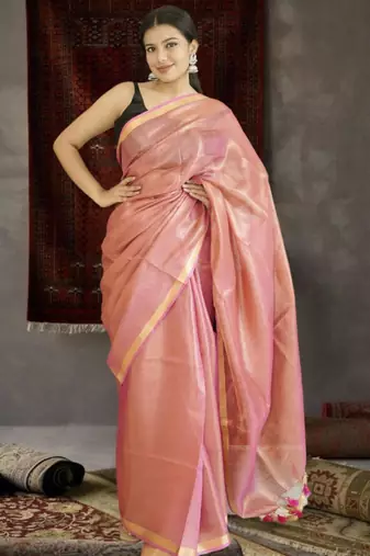 orange tissue linen saree with zari border