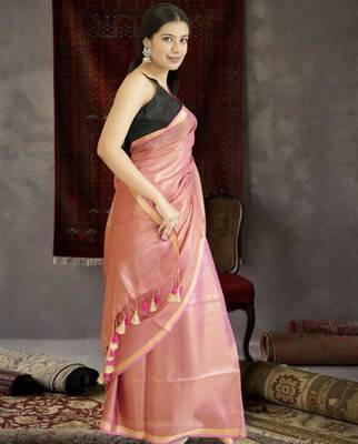 orange tissue linen saree with zari border 3
