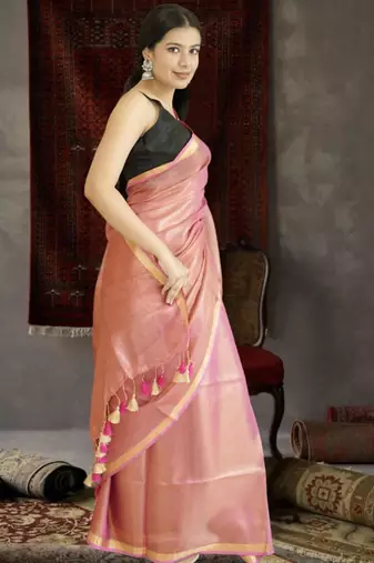 orange tissue linen saree with zari border