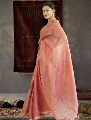 orange tissue linen saree with zari border 4