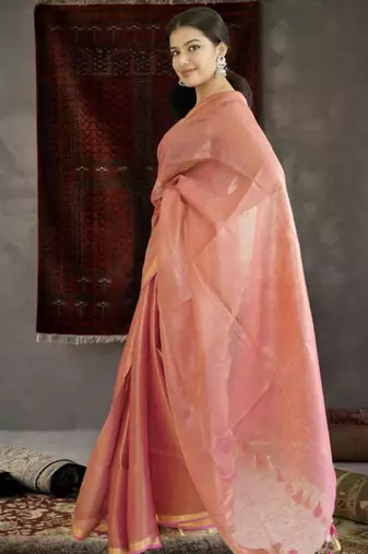 orange tissue linen saree with zari border