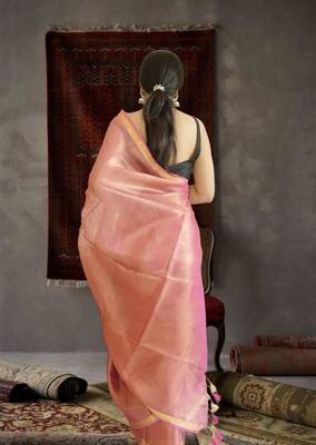 orange tissue linen saree with zari border 5