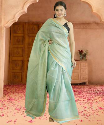 green tissue linen saree with zari border 1