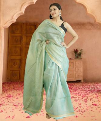 green tissue linen saree with zari border 2