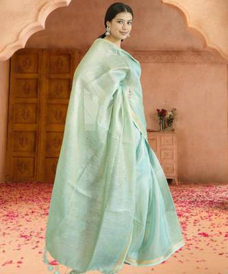 green tissue linen saree with zari border 3
