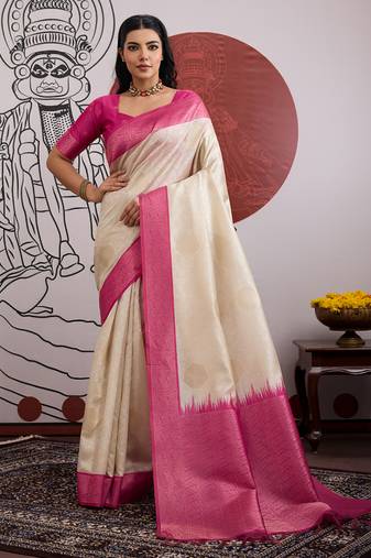 green & off-white handloom weaving paper silk blend saree