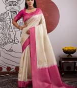 green & off-white handloom weaving paper silk blend saree