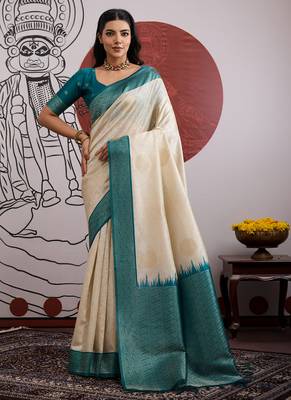 teal & off-white paper silk blend saree 1
