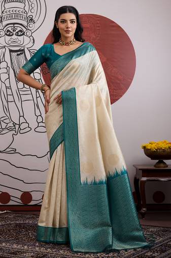 pink & off-white handloom weaving paper silk blend saree