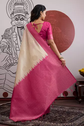 pink & off-white paper silk saree