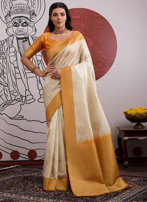 mustard & off-white paper silk saree 1