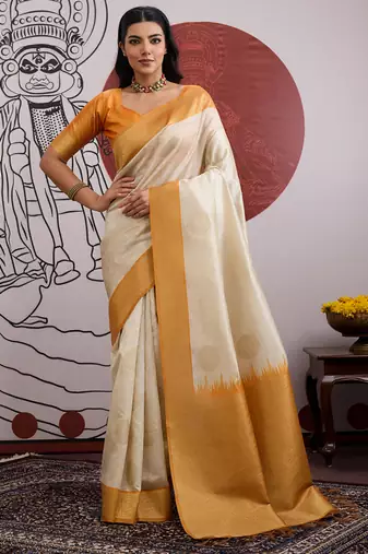 teal & off-white handloom weaving paper silk blend saree