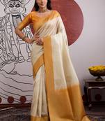 teal & off-white handloom weaving paper silk blend saree