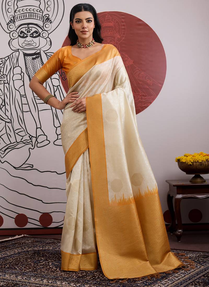 teal & off-white handloom weaving paper silk blend saree