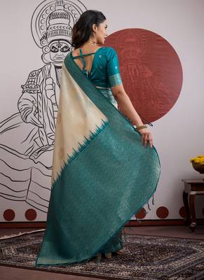 teal & off-white paper silk blend saree 2