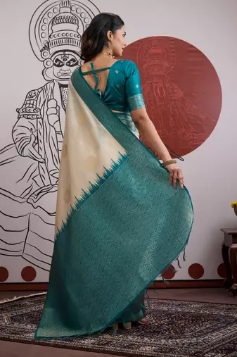 teal & off-white paper silk blend saree