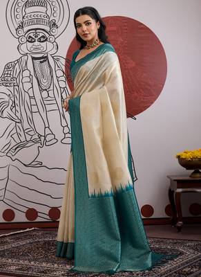 teal & off-white paper silk blend saree 3
