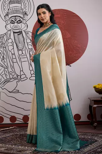 teal & off-white paper silk blend saree