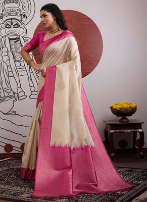 pink & off-white paper silk saree 3